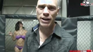 Dark Haired slut with gigantic boobies fucking a boxer in the