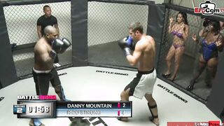 Dark Haired slut with gigantic boobies fucking a boxer in the