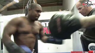 Dark Haired slut with gigantic boobies fucking a boxer in the