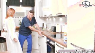 Slim german old cougar fucks inside kitchen into standing