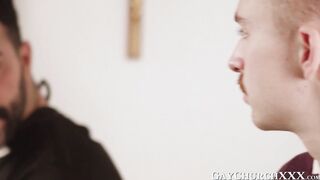 Obedient twink drilled bareback after religious anal play