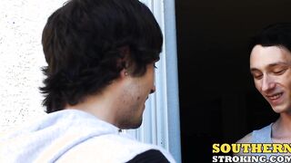 Skinny dude gets his friends cock deep inside of his throat