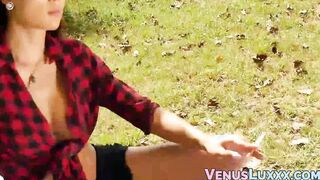 Gorgeous tgirl works on her dick during a visit to nature