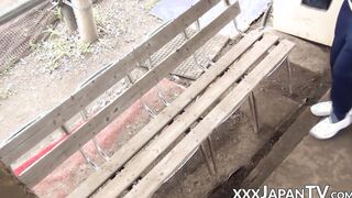 Cute Japanese lady moves her panties to masturbate in public