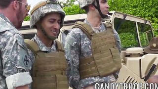 Army studs swap blowjobs before outdoor interracial foursome