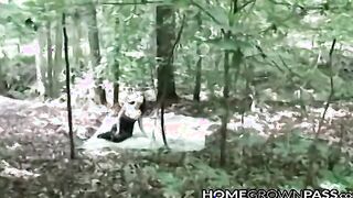 Outdoorsy babe facialized after passionate vag pounding