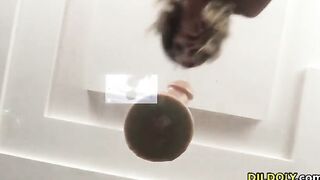 Petite Babe sucks and fucks her dildo in 3 holes