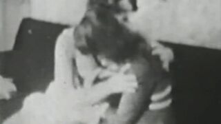 Retro babe sucks big dick before it smashes her hairy pussy