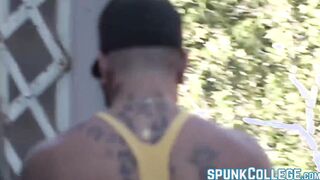 Buffed and inked guy bareback fucks his Asian buddy