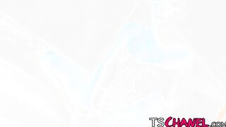 Glamorous TS Chanel Santini sucks and rides big dildo