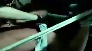 Muscle jock tied up with fat rope during outdoor BDSM