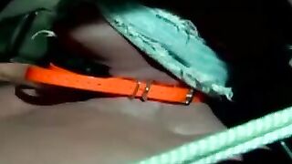 Muscle jock tied up with fat rope during outdoor BDSM