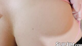 Natural babe in stockings sucks a dick and rides it in POV