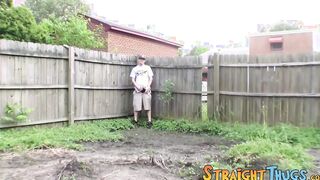 Tattooed hooligan jerks off in the backyard and jizzes solo
