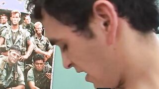 Handsome young Latino blasts out his load while banged