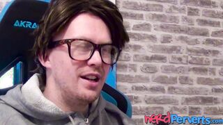 Busty redhead Lucy Lane sucking cock at nerd casting