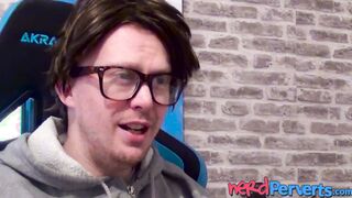 Busty redhead Lucy Lane sucking cock at nerd casting