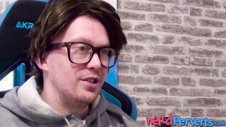 Busty redhead Lucy Lane sucking cock at nerd casting