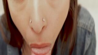 Sarah Lace on her knees sucking down Anthonys hard dick