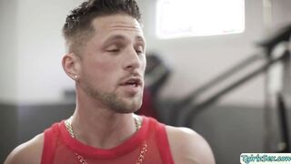 Shemale fucks muscled stud in the gym