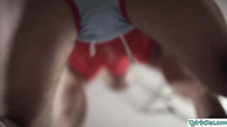 Shemale fucks muscled stud in the gym