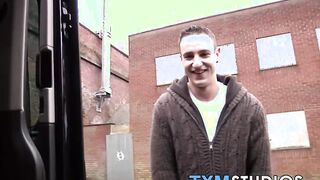 Horny and attractive studs have hot threesome sex in a car
