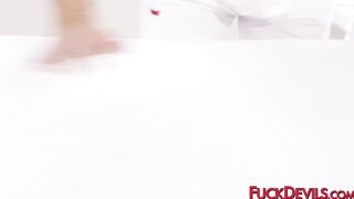 Tantalizing chick gives oral massage to masseur and fucks