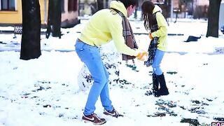 Mirka is such a fun mistress for Justin. Their play public into the snow leads to a snowball fight where