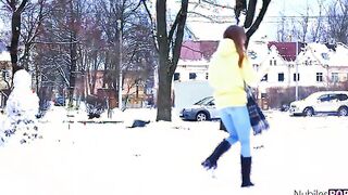 Mirka is such a fun mistress for Justin. Their play public into the snow leads to a snowball fight where