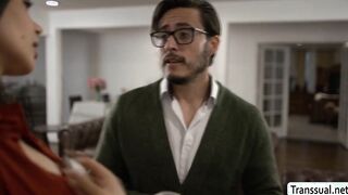 Curvy Spencer gets her pussy fucked by TS while stucked