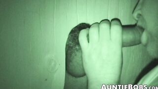 Bearded fat fucker swallows a big hairy glory hole cock