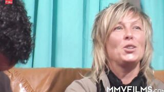 Chesty old bimbo rides cock into 3 way