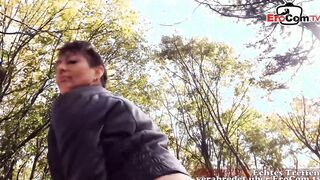 German old mom outdoors pick up outdoors date into Park