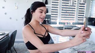 Savannah Sixx and her stepmom Krissy Lynn have to work out, but first Savannah takes a sex tape call with her