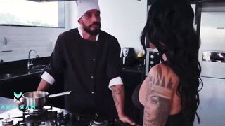 Cuckold woman receives a call from her husband when she is fucking with the chef