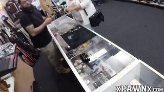 Pretty babe pussy drilled by a pawnbroker on the desk