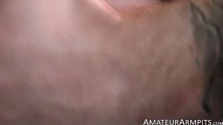 Horny inked stallion sniffs his armpits while masturbating
