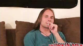 Long haired homosexual smokes a cigar before jerking off