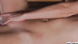 Stepdaughter licks stepmom under a table