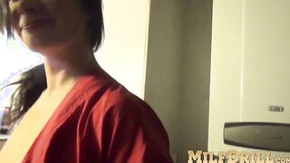Busty mature babe fingers her pussy solo after shower
