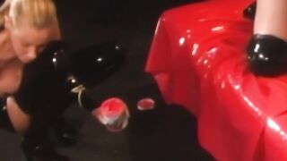 Busty blonde lesbian submits to spanking and rubs pussy