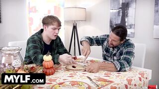 Mylf Of The Month - Gigantic Breasts Milf Getting Stuffed By Her Husband And Stepson For Thanksgiving Day