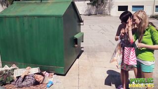 Public Handjobs Raquel Roper and Jessie Young Homeless Handjob