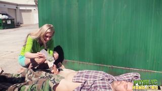 Public Handjobs Raquel Roper and Jessie Young Homeless Handjob
