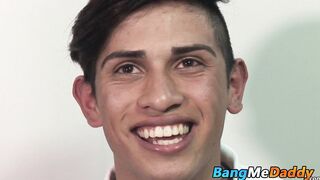 Bareback banged twink sucking two hard daddy dicks