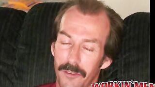 Guy with a mustache tugs his cock before cumming hard