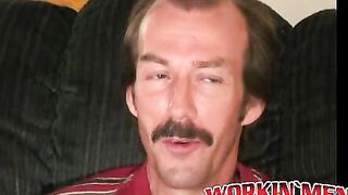 Guy with a mustache tugs his cock before cumming hard