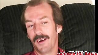 Guy with a mustache tugs his cock before cumming hard