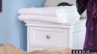 Blindfolded blonde fucked by hot lesbian
