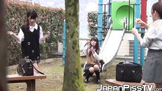 Gorgeous Japanese babes peeing in schoolbags in public